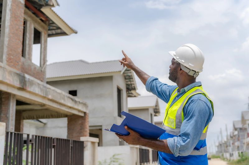 African American male structural engineer working on construction site holding blueprints to inspect progress of work