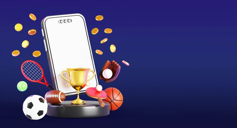 3d sport betting online banner. Gambling, win in bookmaker game concept. Podium with mobile phone, cup, gold coins, soccer, basketball, baseball balls, tennis rackets on dark blue bg. 3D illustration