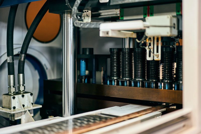 Close-up of industrial components with hydraulic and metal parts in a factory.