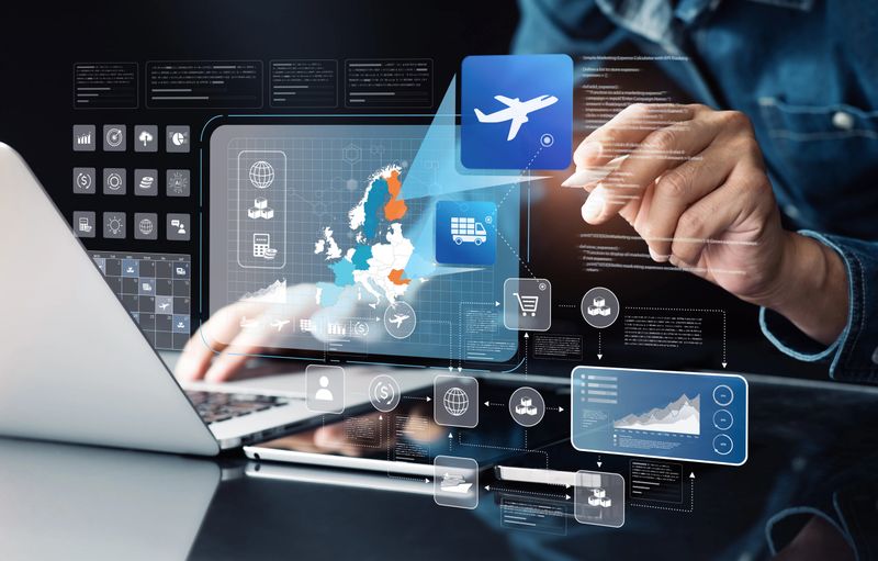 Air freight cargo shipping management concepts with person using  interface data tracking,Express logistic,business crm network system