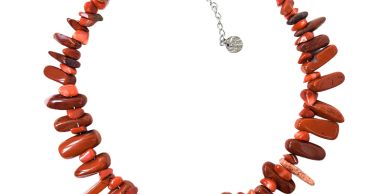 Red coral chip bead necklace with silver clasp.