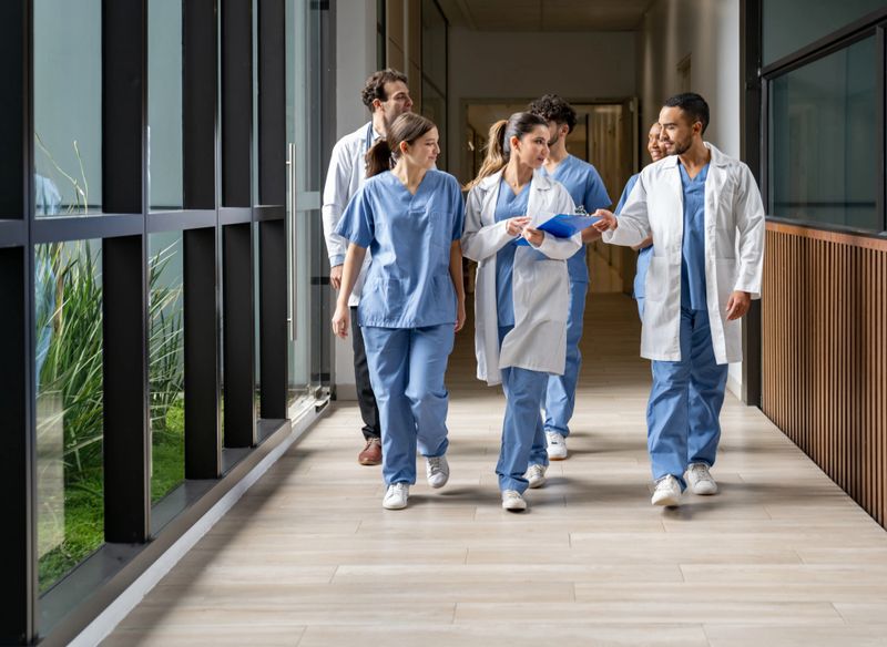 Happy group of Latin American medical students walking in the corridor at the hospital while talking