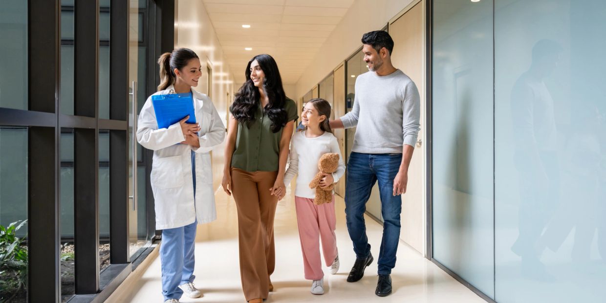 Family talking with a doctor in a hospital corridor.