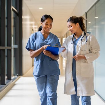 Two female medical professionals discussing notes in hospital corridor.