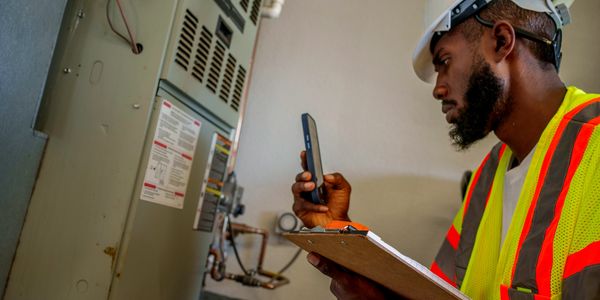 Technician inspecting HVAC system with phone and clipboard.