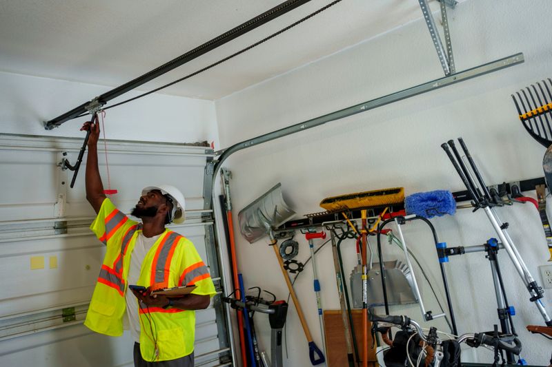 Young African American Home Inspector Examining a Garage Door Opener in a Residential Garage