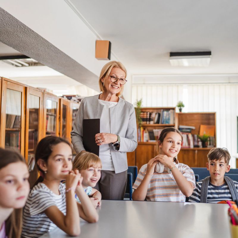 teacher is give the lesson to pupils in the school library
