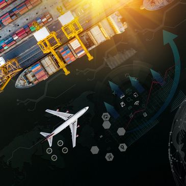 Airplane flying over a port with shipping containers and cranes.