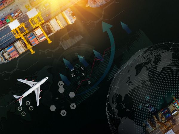 Comercio global con avión, contenedores y gráficos.