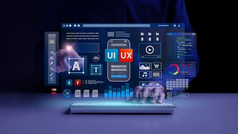 Web UI-UX design, web development concept. A web developer works on a website to develop mobile and laptop app interface. User interface and experience.  application design. User experience. coding.