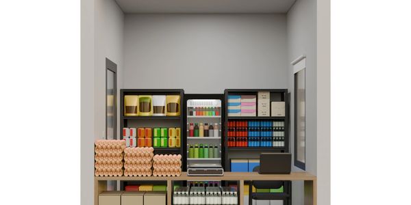 A small storage room with shelves holding various supplies and a table with stacked items.