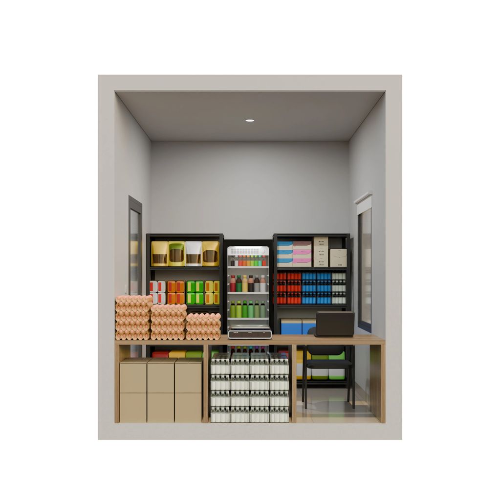 Small convenience store with neatly arranged products and a cashier desk.