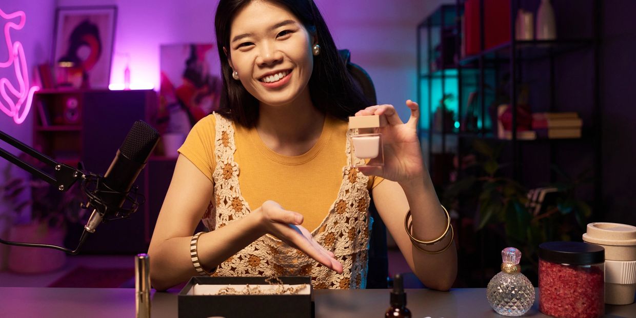 Cô gái đang giới thiệu sản phẩm trang điểm trên livestream.