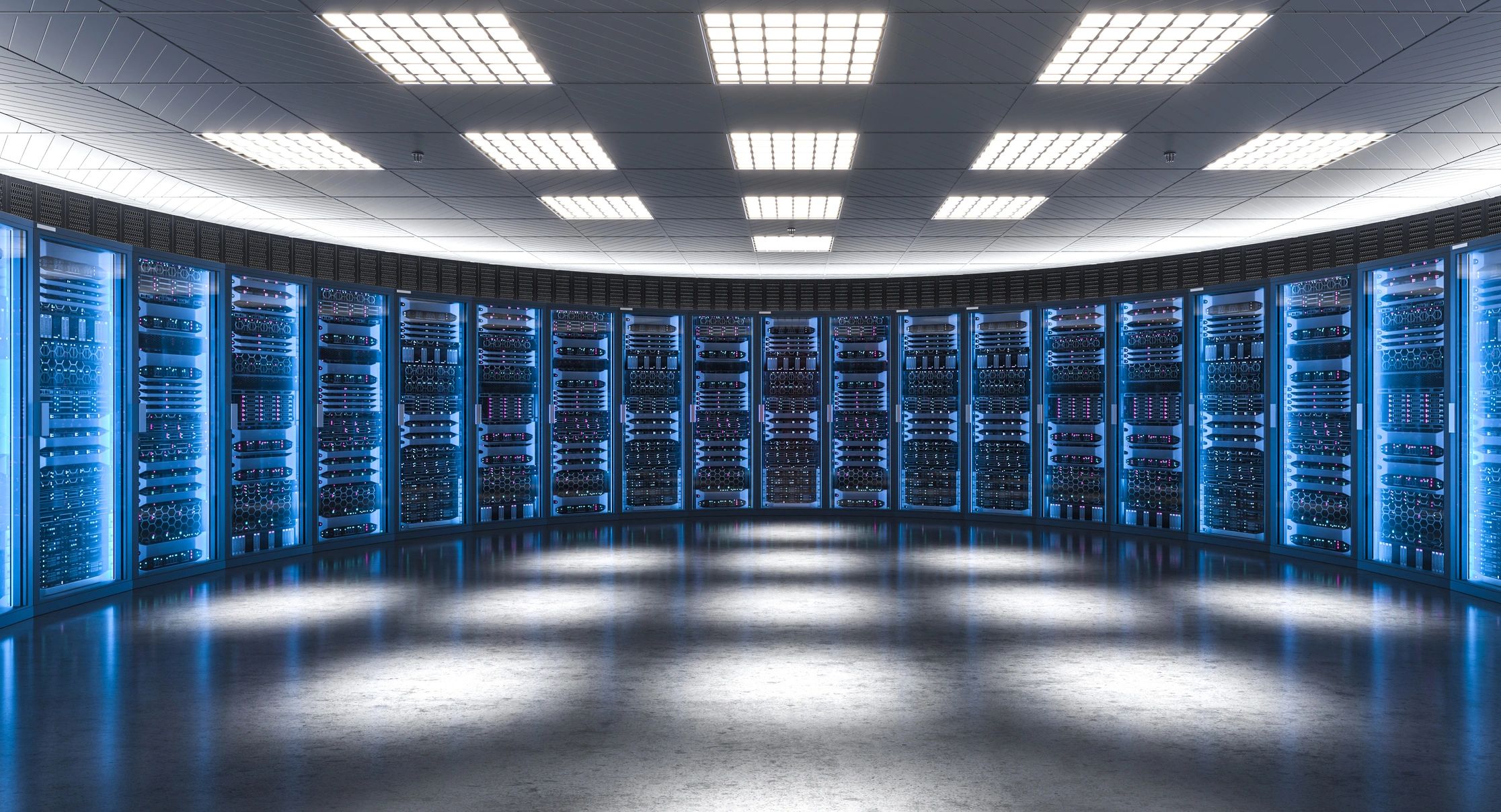 Modern enterprise data center with blue illuminated server racks