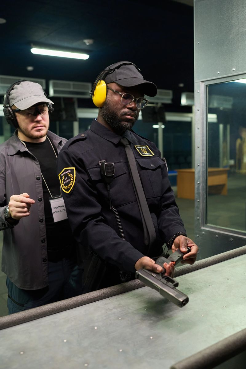 African American man receiving firearm training guidance at indoor shooting range, focused on handgun handling with instructor standing nearby providing instructions