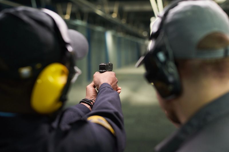 Man pointing a handgun at a target in an indoor shooting range, wearing protective headphones and being instructed by a trainer