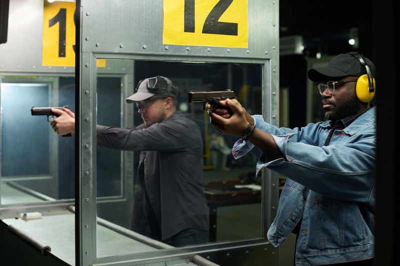 Two people standing in shooting range boxes aiming firearms at targets ensuring safety by wearing protective gear and following standard range protocols