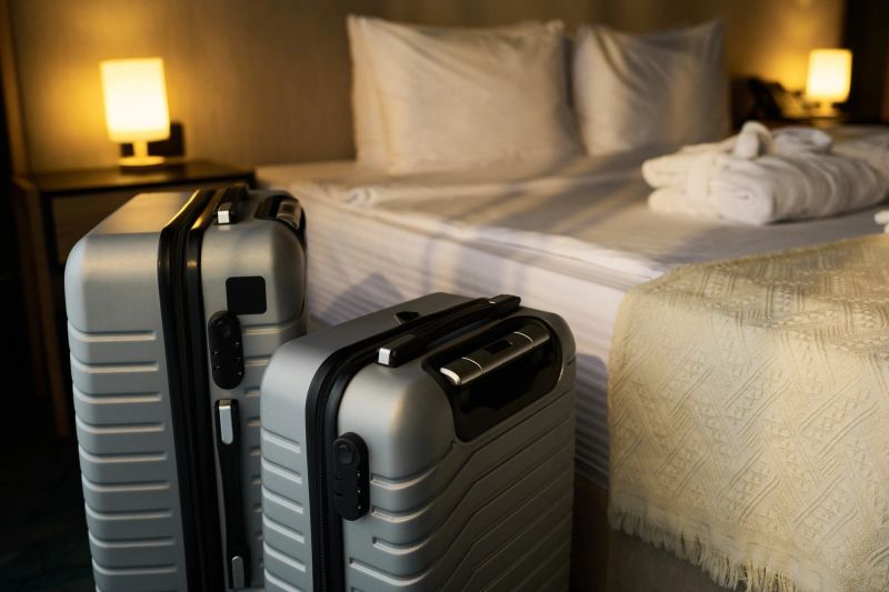 Comfortable hotel room featuring inviting bed and modern amenities with suitcases standing near bedside. Ideal for travelers seeking comfort during their stay