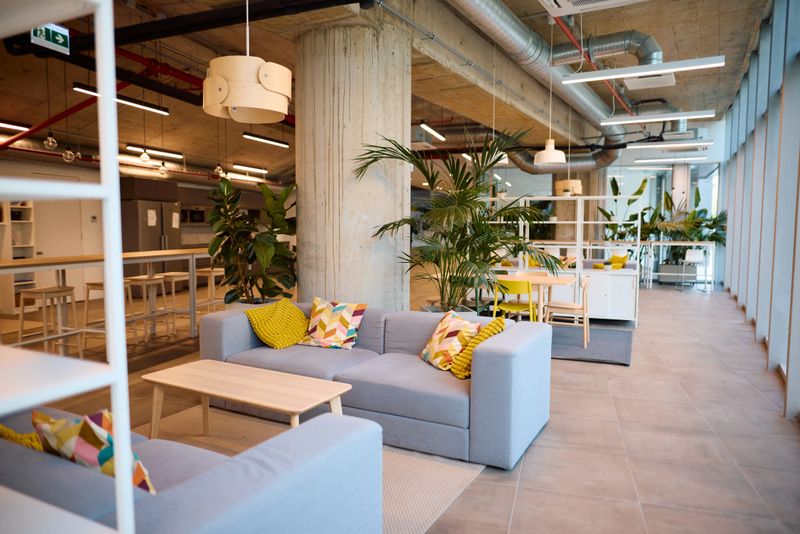 Comfortable sofas and lush plants create a welcoming atmosphere in a modern coworking space, fostering productivity and collaboration among professionals