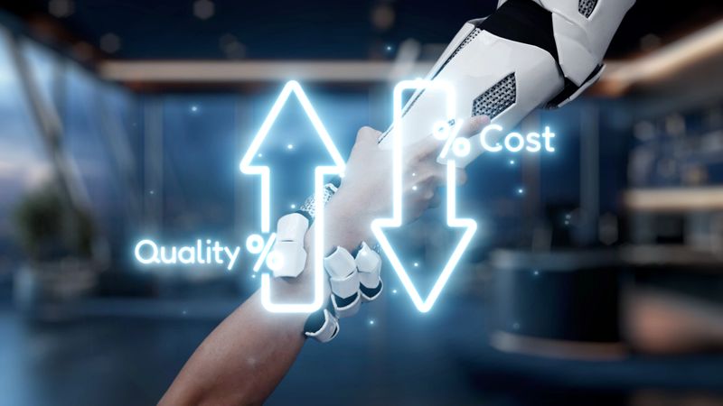 This image captures a futuristic scene of collaboration between a human and a robot, emphasizing the balance of improving quality while reducing costs in a modern workspace. Auvana