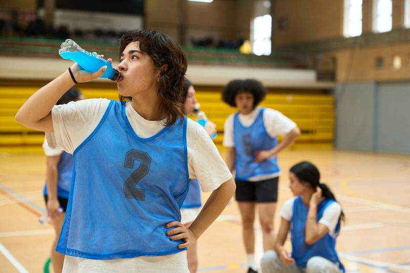 Young female basketball player drinking a blue energy drink from a plastic bottle after training