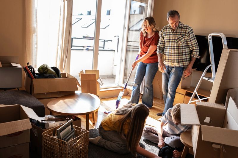 A married couple is cleaning their new apartment together. They organize belongings, wipe surfaces, and prepare the space to feel like home.