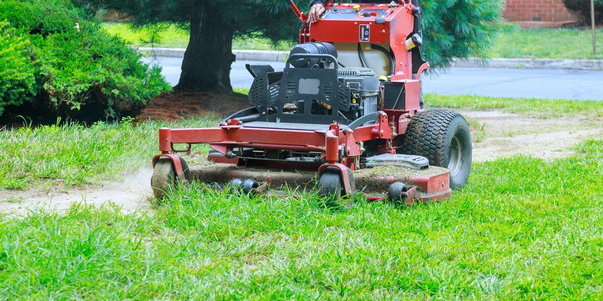 A red lawn mower cutting grass in a garden area.