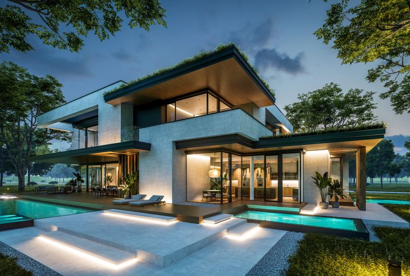 3d rendering of two-story house with parking and pool for sale or rent with concrete facade and beautiful landscaping. Clear summer night with many stars on the sky