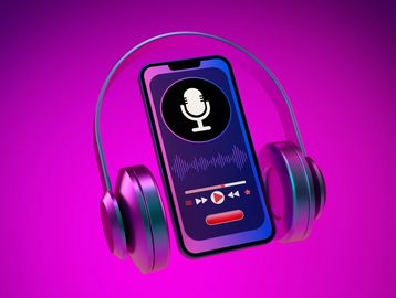 Phone with a microphone icon inside large headphones on a bright purple background.