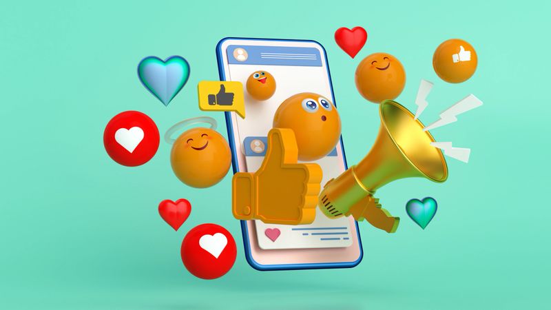 A Modern 3D Animation illustrating vibrant Social Media Communication and Engagement. A Smartphone displaying a feed is surrounded by floating Emojis, Icons like Like Button and Heart Shape, a Speech Bubble, and a Gold - Metal Megaphone, all on a Teal background. This Concept is perfect for Social Media Marketing, Online Advertising, or showcasing Content Creation aiming for Viral Video reach. It visualizes Online Messaging, customer Feedback, and Broadcasting an Announcement Message to a global Community. The Pop Art style and Vibrant Color capture the energetic nature of digital Interaction.