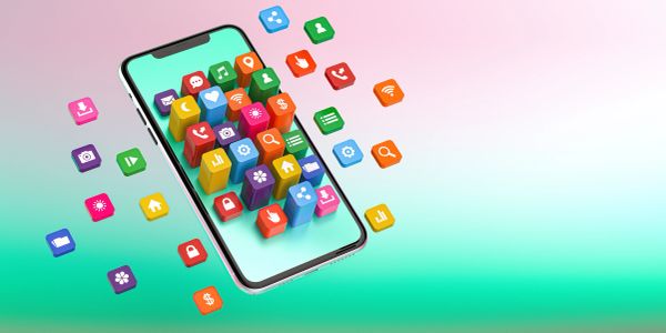Smartphone with colorful app icons floating around.