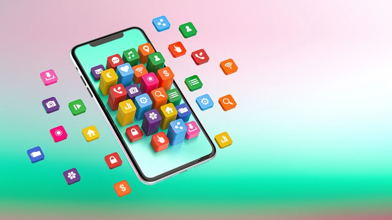 A Modern 3D Animation showcasing a Smartphone with a Collection of colorful Mobile App Icons Flying and Erupting from its Device Screen. This dynamic Illustration on a Color Gradient background represents the Abundance and Variation of Technology and digital services. It symbolizes Innovation, Communication, and Connection through the Internet and Software Development. Perfect for themes of Digital Enhancement, User Experience, and the multifaceted capabilities of a Mobile Phone, including Social Media, Online Shopping, Music Streaming Service, and File Sharing.