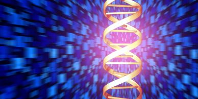 Golden DNA helix on a blue digital background.