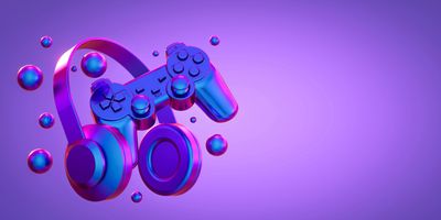 Gaming headset and controller with vibrant purple and blue lighting.