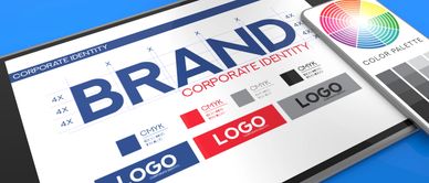 Corporate brand identity design showcasing logo variations and color palette.