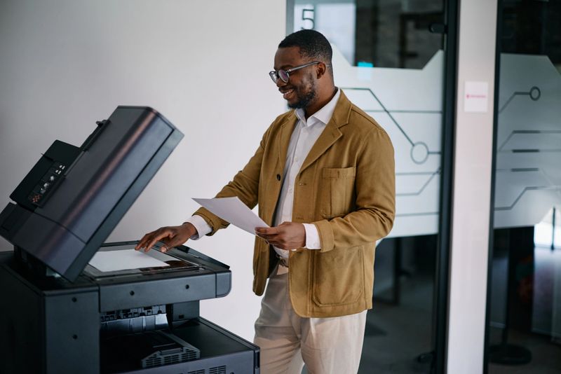 Smiling mid adult african businessman making a copy using a modern multifunction printer in the office, he is holding a paper document and placing another one on the scanner glass