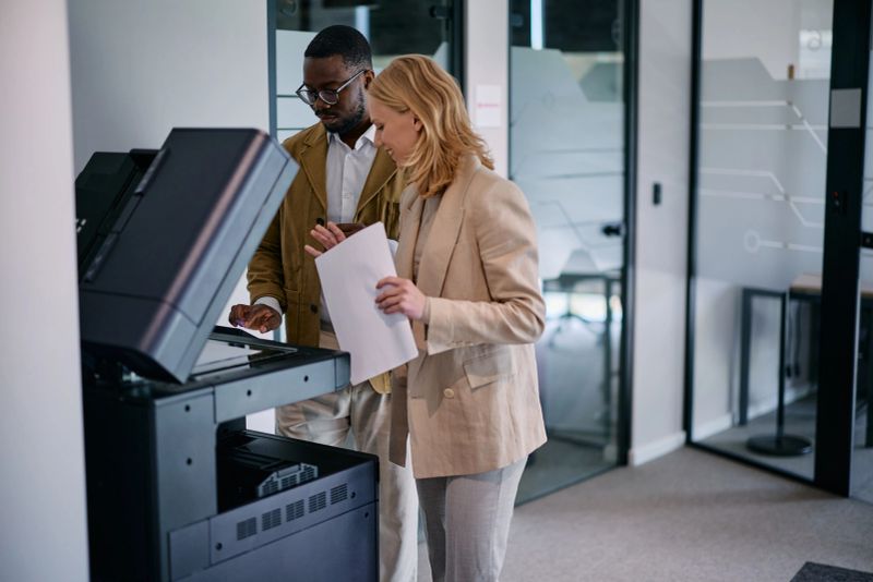 Two business colleagues collaborating in an office, using a modern photocopier to discuss and create copies of important documents, enhancing workplace efficiency and productivity