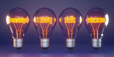 Four glowing light bulbs with words: knowledge, training, skills, education.