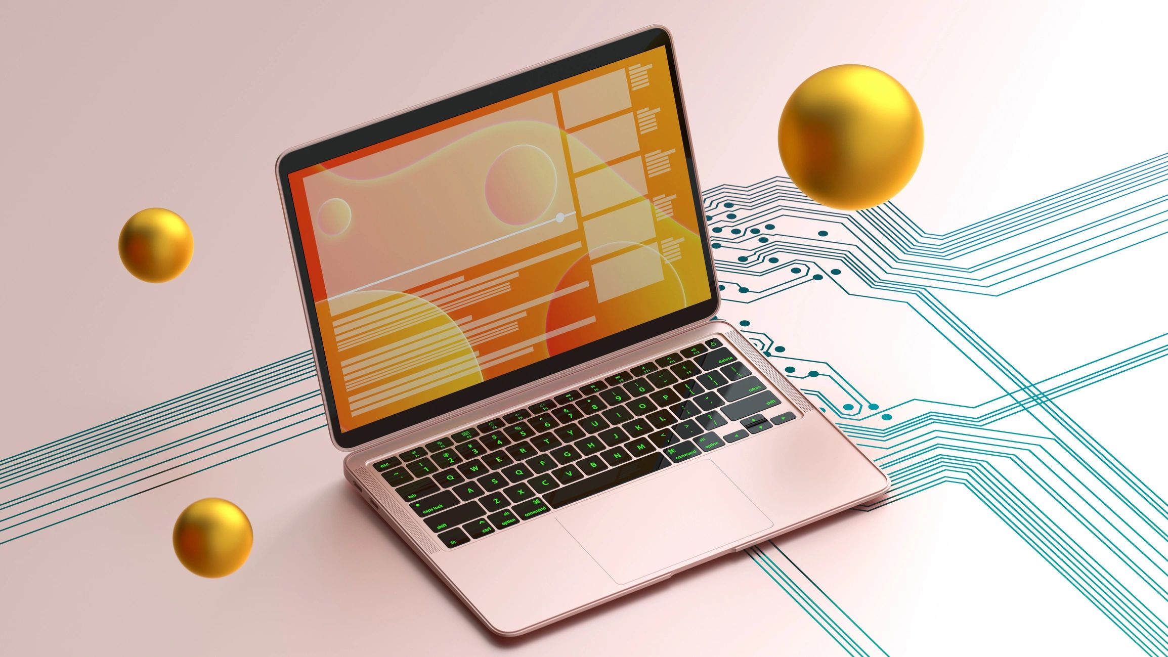 Open laptop with orange interface surrounded by golden spheres and circuit lines.