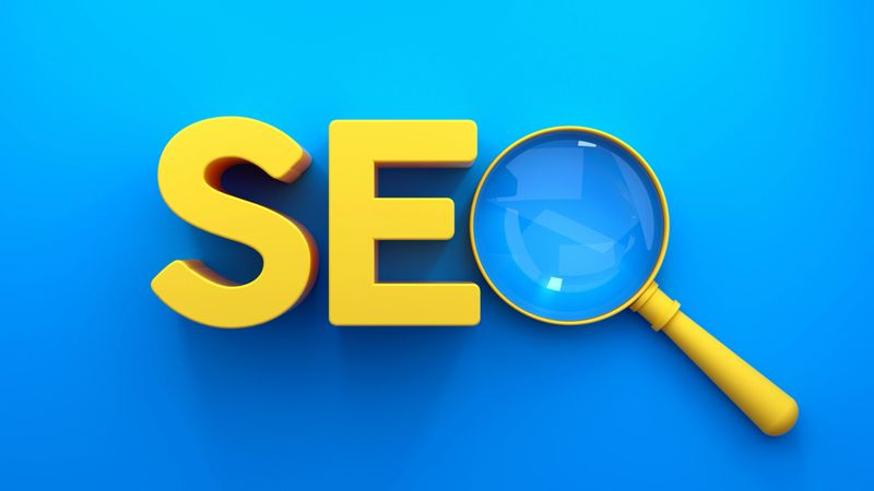This Modern and Clean 3D Render features the acronym "SEO" in bold Yellow Colors against a Bright Blue Abstract Backgrounds. A Magnifying Glass is prominently placed over the "O", emphasizing the Concept of Searching, Analyzing, and Research inherent in Search Engine Optimization. This Symbol represents the Strategy and Technology used for Finding Information Resources on the Internet and improving Web Page visibility. It highlights the Focus - Concept on Data, Scrutiny, and Magnification for Content Creation, Web Design, and overall Digital Transformation to achieve Growth and Improvement in Online Advertising and Marketing.