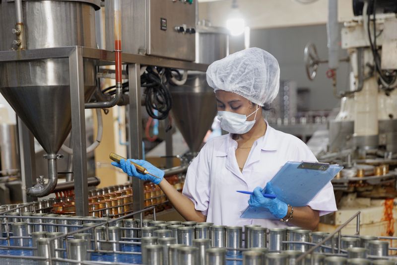 A female employee in protective clothing uses a handheld tool to assess the temperature of metal cans on a production line, while holding a clipboard for recording results. Illustrates hygiene compliance, product safety, and quality testing in food processing.