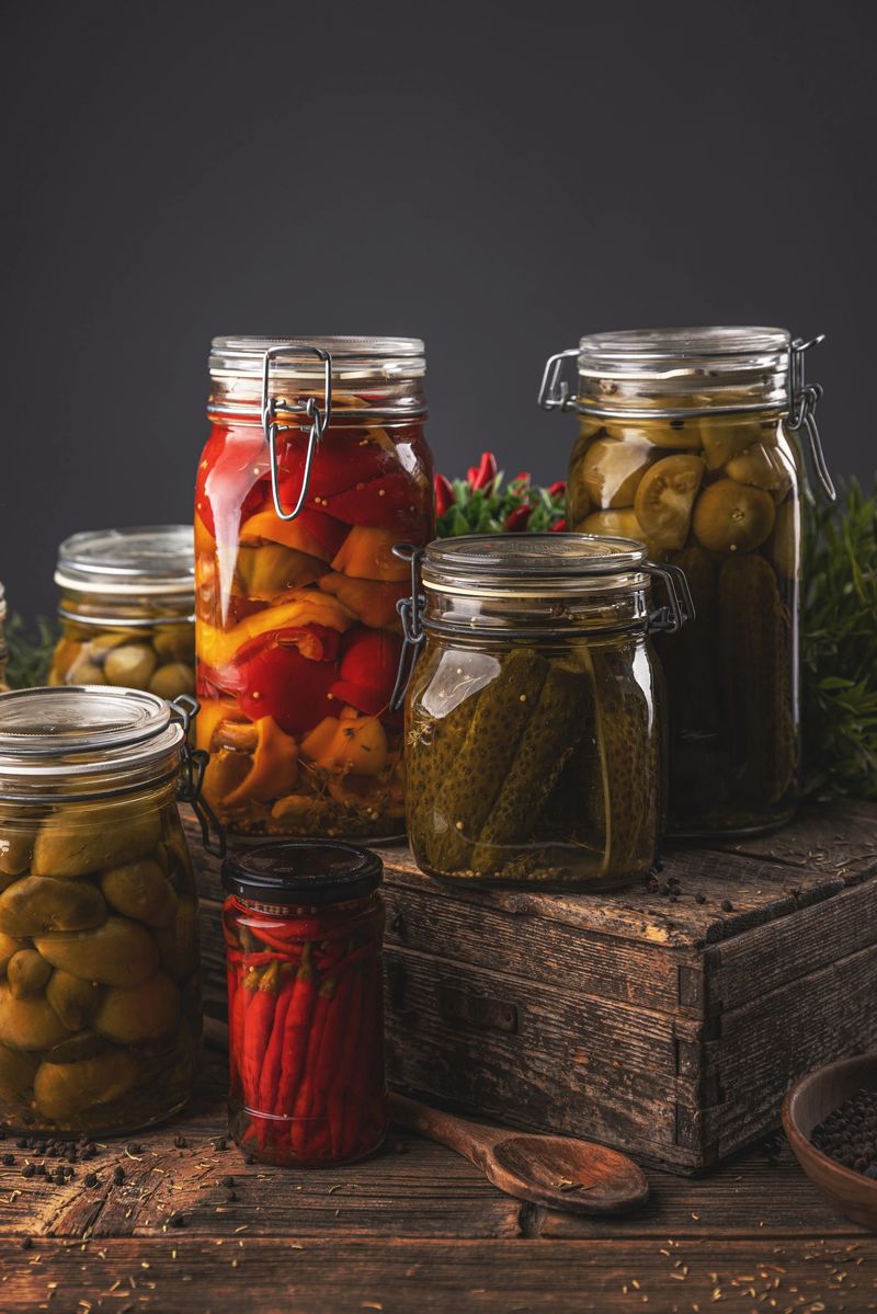 Jars of pickled cucumbers, peppers, tomatoes, and chilies, showcasing a colorful and flavorful assortment of preserved vegetables