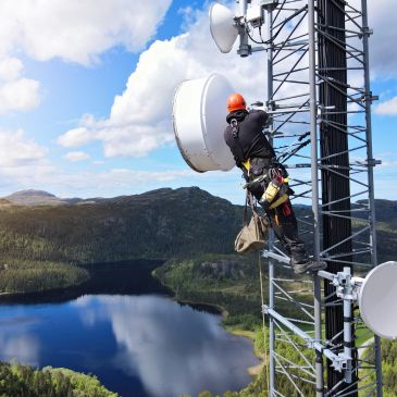 Technicien en sécurité travaille sur une antenne télécom en hauteur.