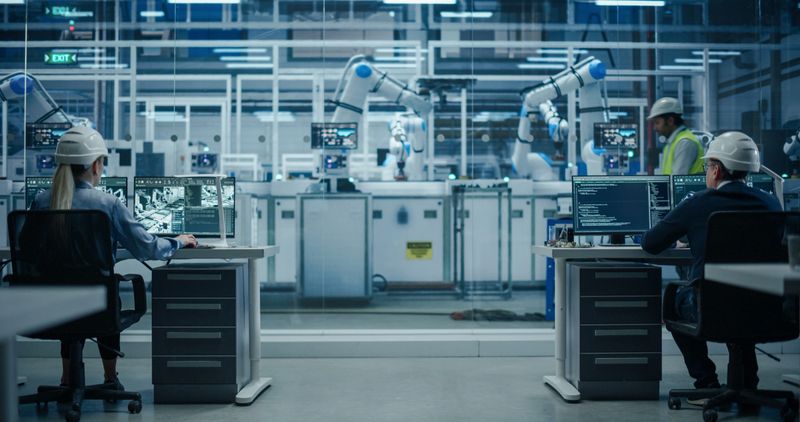 Establishing Shot at an Electronics Factory with Robotic Arms. Diverse Engineers and Developers Working on Desktop Computers