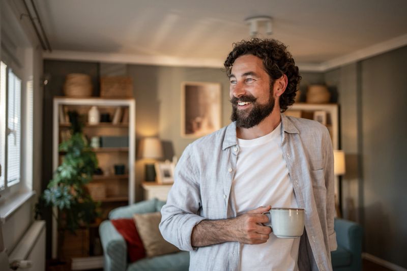Happy man with beard and curly hair holding a mug and smiling while looking away in his cozy living room, enjoying a moment of peace at home