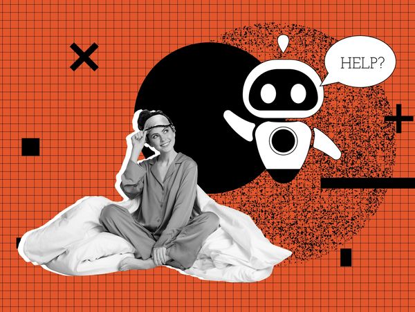 Woman in pajamas with a robot asking for help.