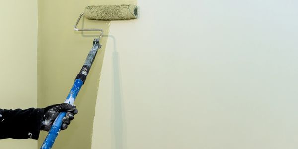 Person painting a wall with a roller brush.