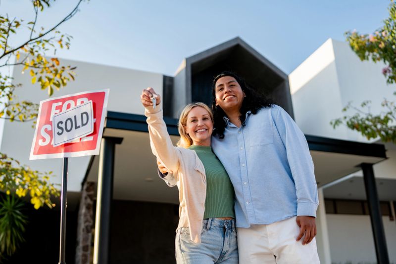 Portrait of couple holding new house key at house yard