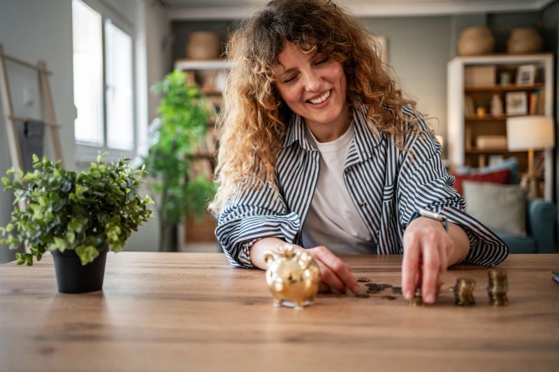 Smiling woman stacking and arranging coins on a table beside a piggy bank, managing home finances and personal savings while enjoying a sense of accomplishment and financial security