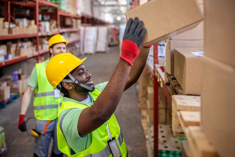 Two adult male warehouse workers wearing safety gear are actively packaging and organizing boxes on shelves in a distribution center. The atmosphere is busy and focused.